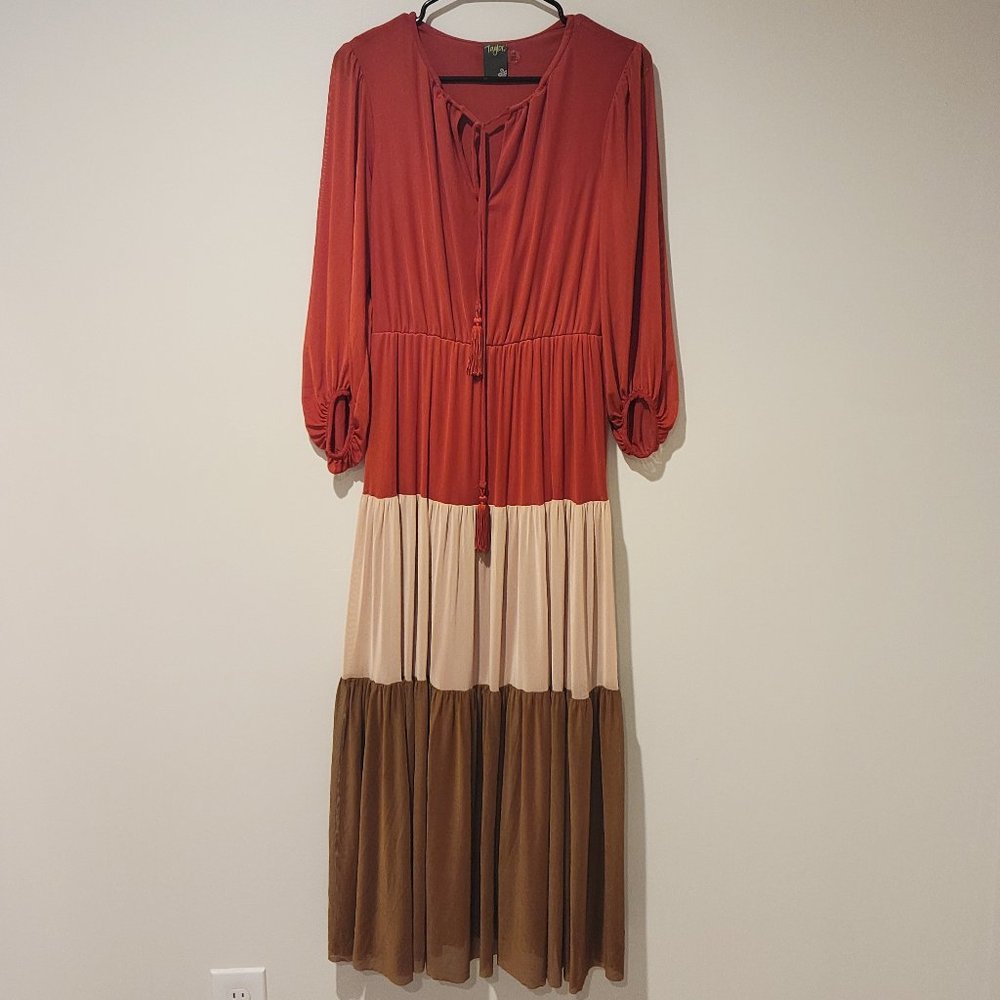 Women's Beige Stretch Color Block Balloon Sleeve Maxi Wear To Work Dress